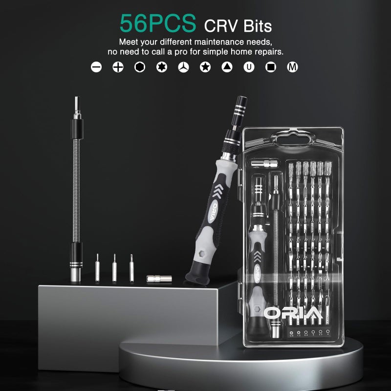 ORIA 60 in 1 Precision Screwdriver Set with 56 Bits  Magnetic Screwdriver Kit  Portable Repair Tool Kit for Smartphone  PC  Watch  Toys - Includes Extension and Flexible Rod  Black - Image 2